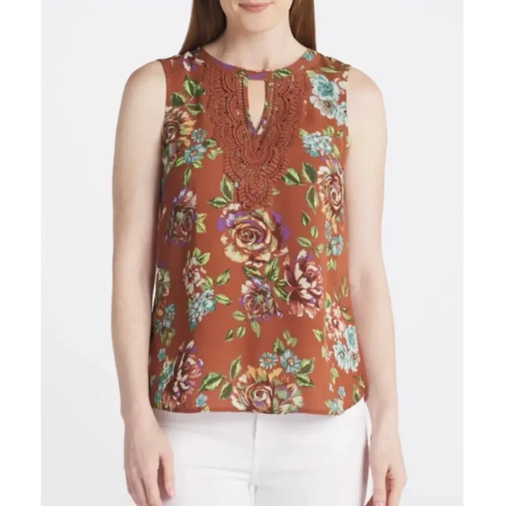 Daniel Rainn Women's Floral Burnt Orange Quin Keyhole Crochet Top Size Petite M